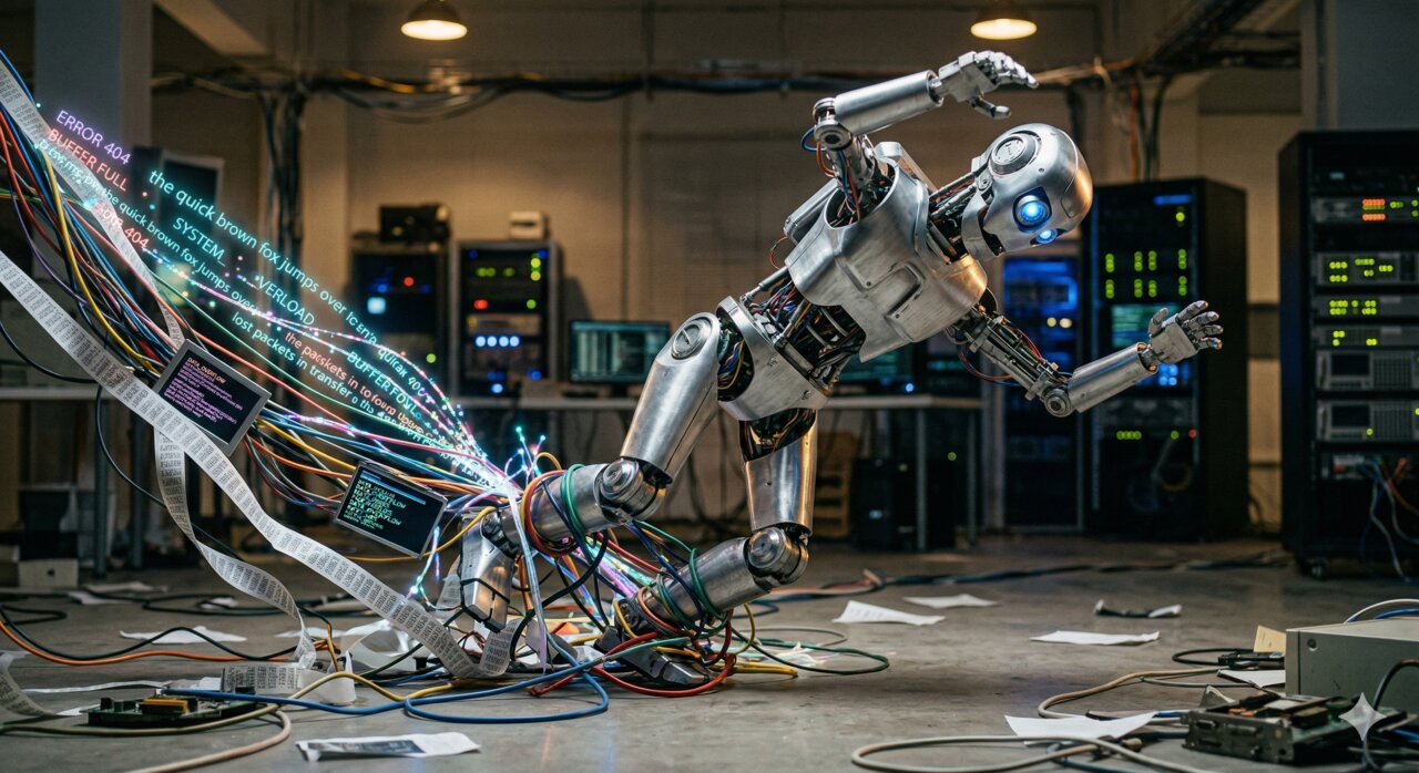 A humanoid robot in a server room, tripping and tangling in a mass of cables and wires
