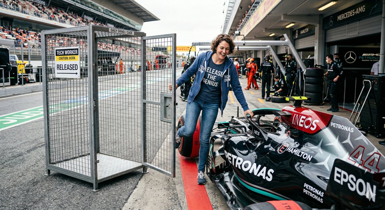 A person stepping out of a pit lane cage toward a Formula 1 race car, ready to drive