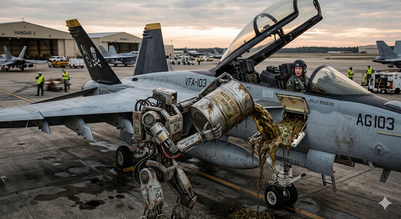 A decommissioned fighter jet on a tarmac, its engine exposed and corroding, with ground crew inspecting it