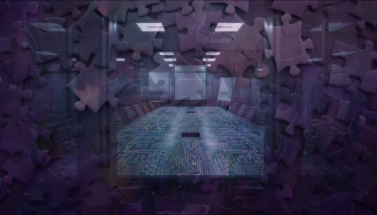 A conference room seen through glass doors, composed of puzzle pieces with a circuit board pattern on the table