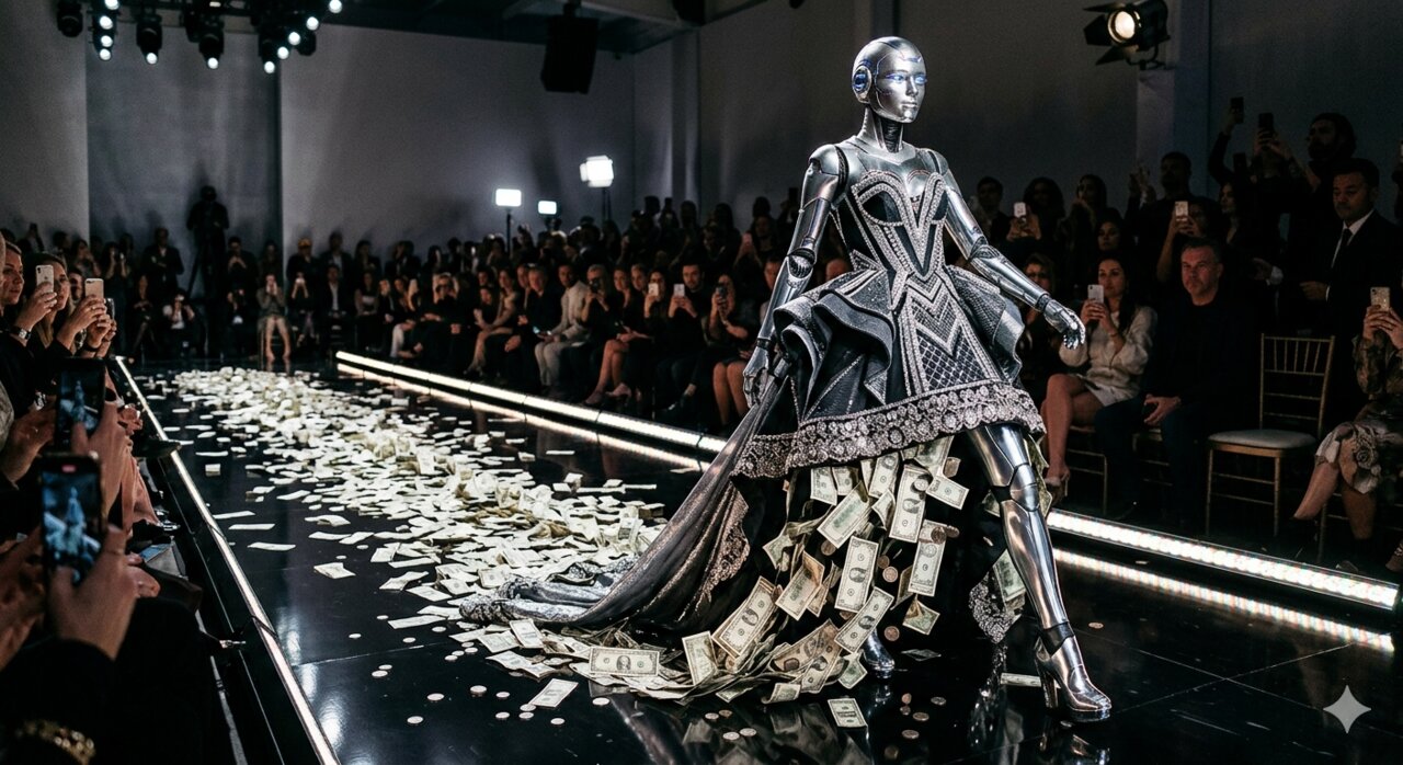 A humanoid robot walking a fashion runway in an elaborate dress made of money, with an audience photographing it