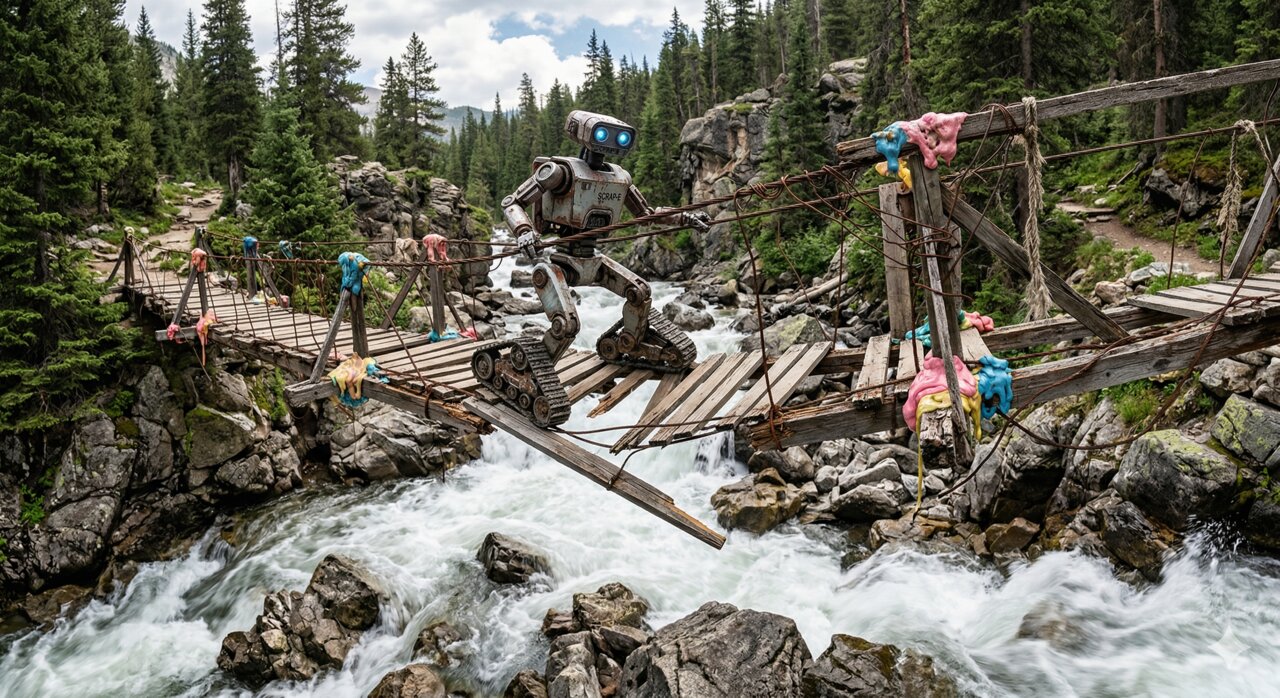 A large robot cautiously crossing a rickety wooden bridge over a rushing river, surrounded by smaller colorful robots