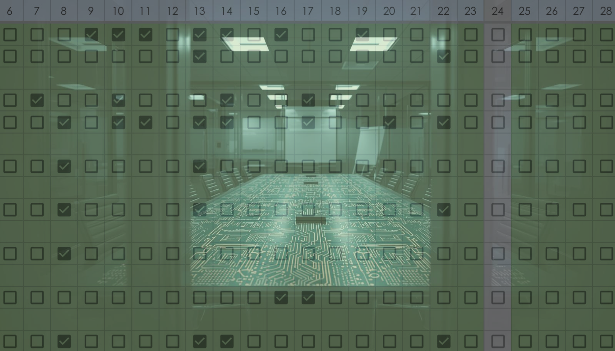 A conference room overlaid with a grid of checkboxes