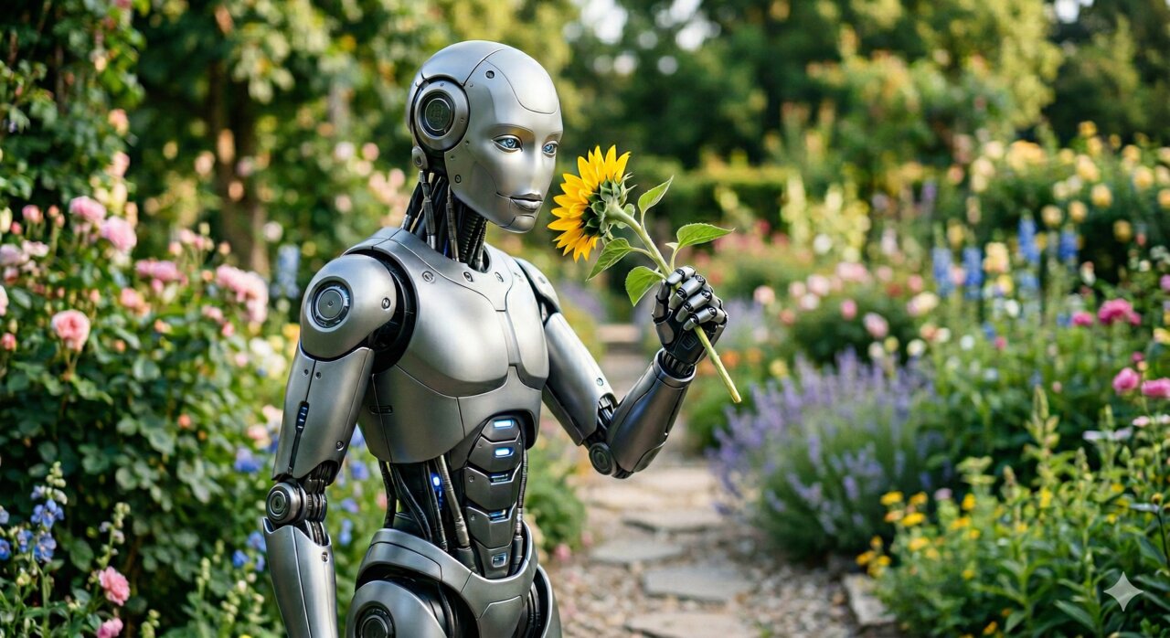A humanoid robot in a garden, holding a sunflower up to where its nose would be