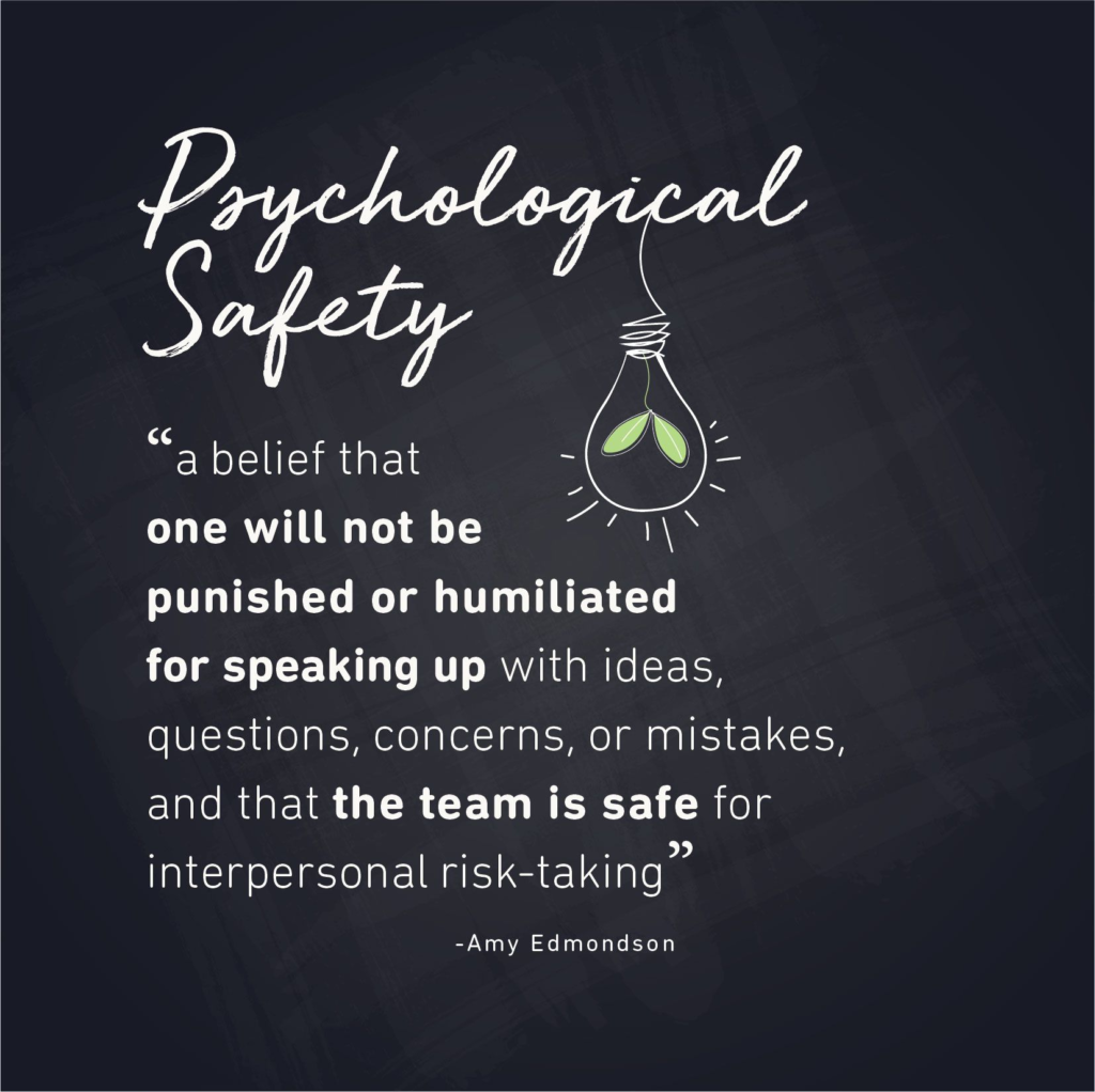 Psychological Safety — a belief that one will not be punished or humiliated for speaking up with ideas, questions, concerns, or mistakes — Amy Edmondson