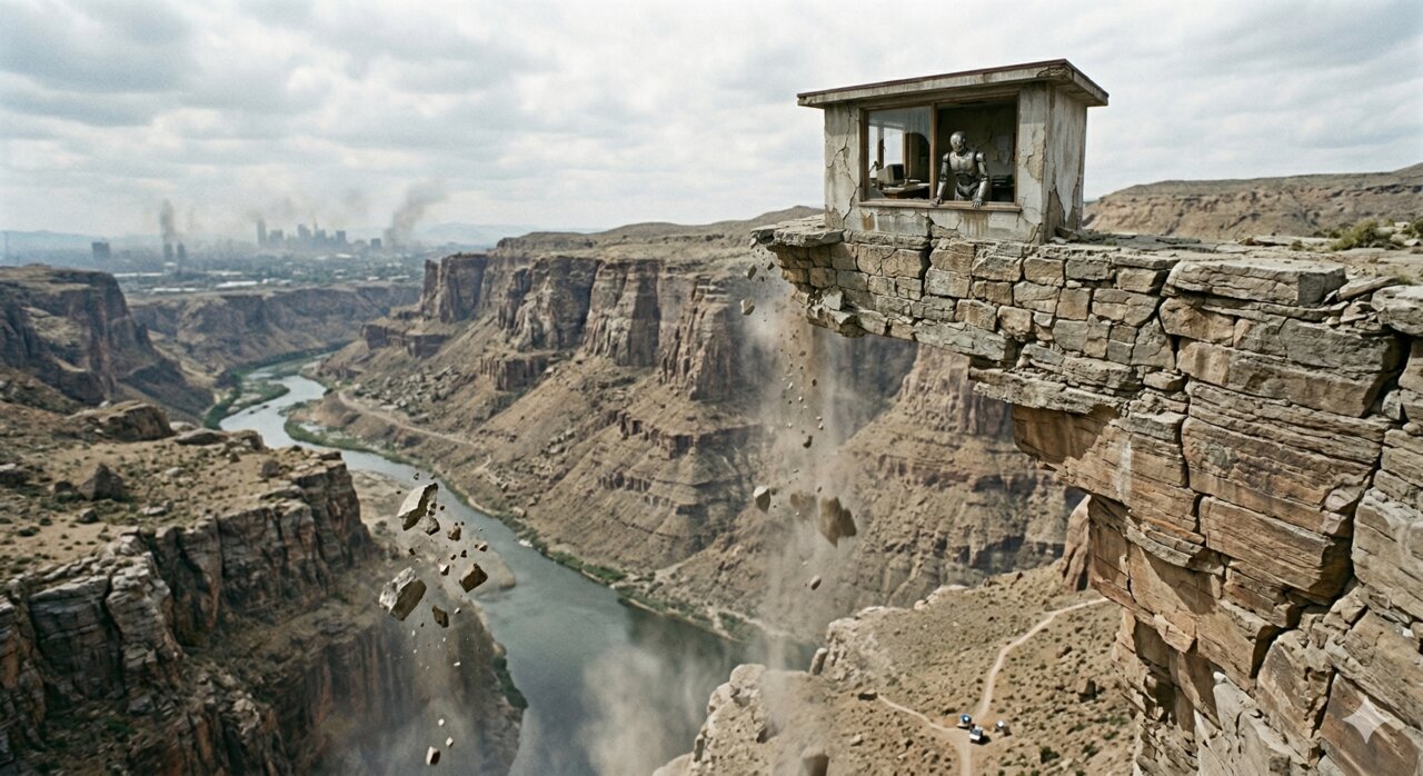 A robot sitting in a small structure perched on the edge of a canyon, overlooking a river far below