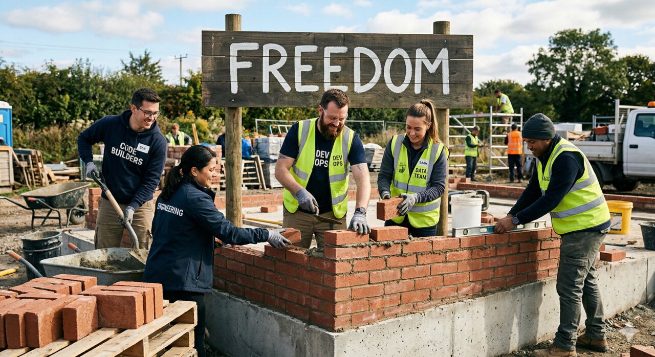A team of workers in vests labeled Engineering, DevOps, and Dev Team building a brick foundation under a sign that reads Freedom