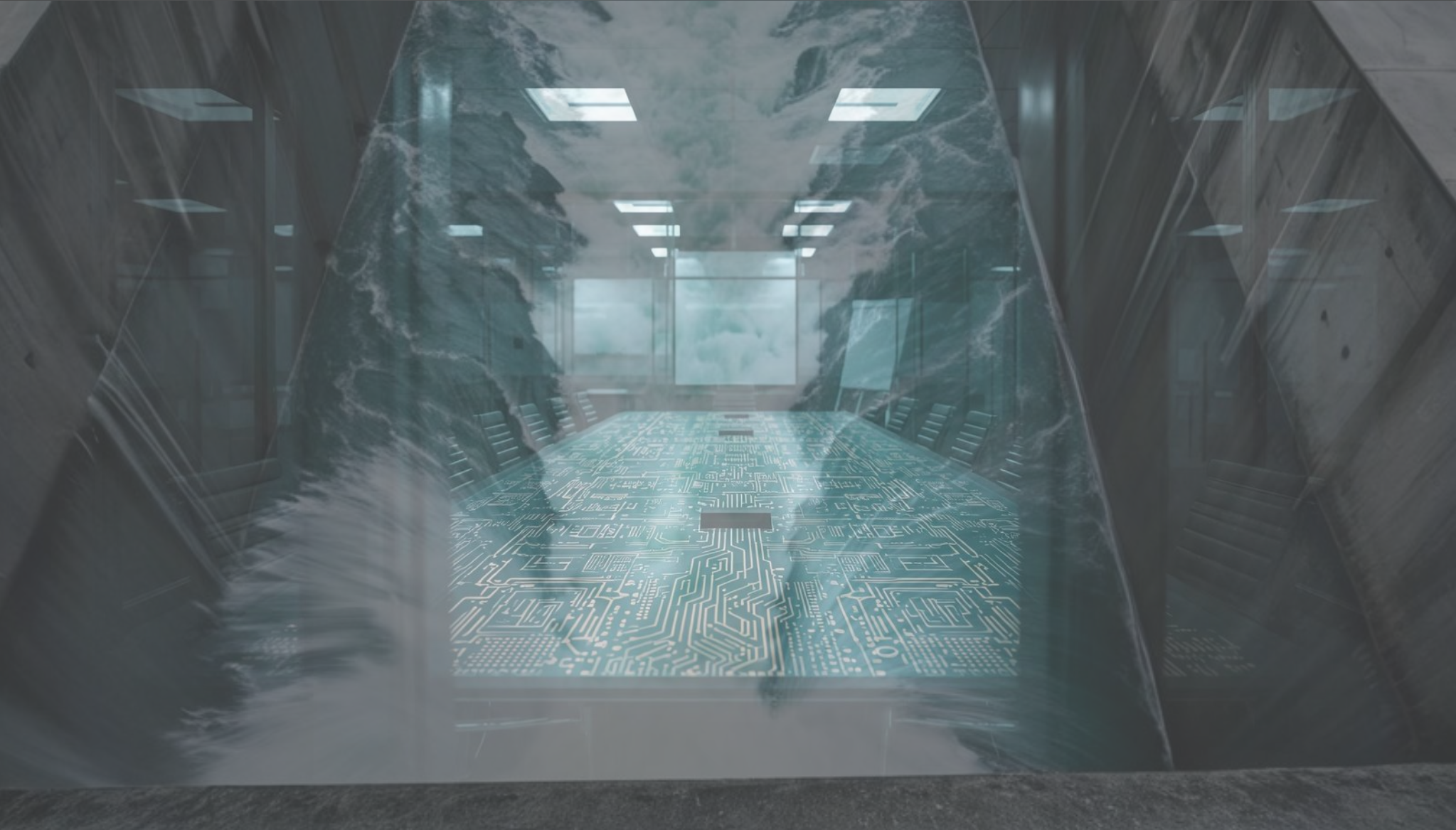 A conference room seen through glass doors with turbulent water flowing through it