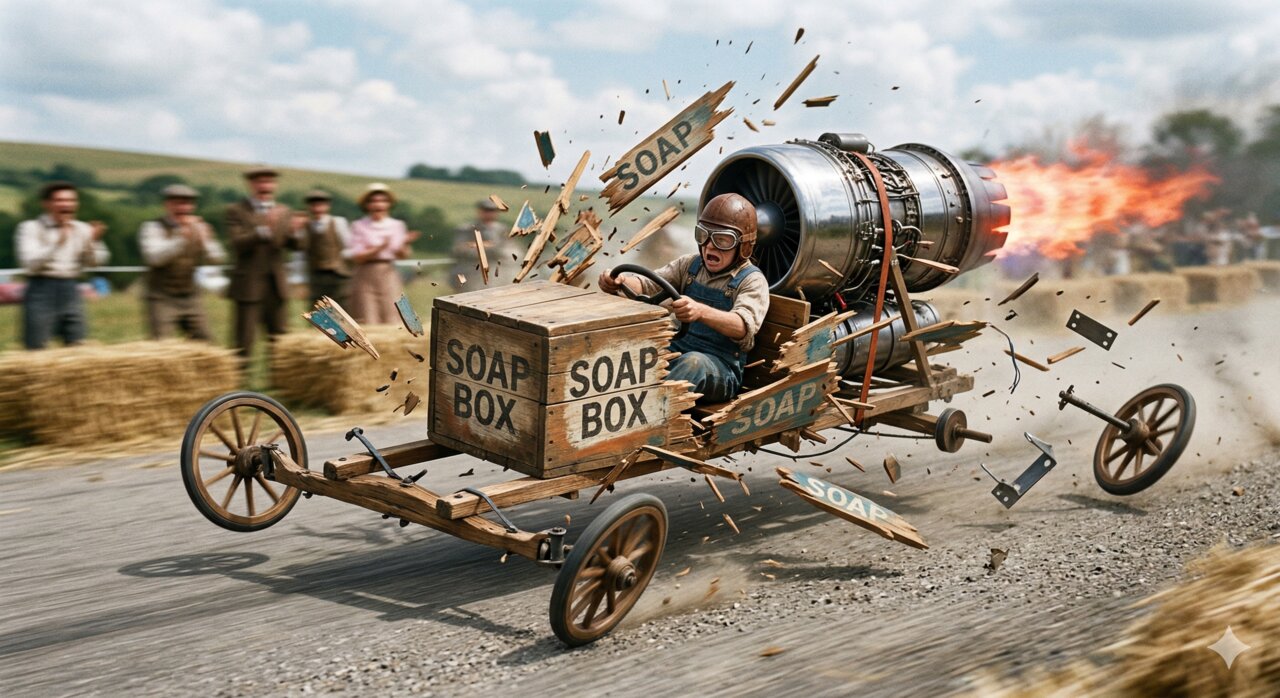 A soap box racer with a jet engine bolted on, coming apart at speed