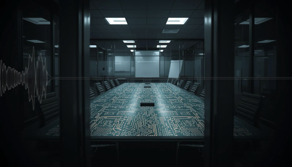 An empty conference room seen through glass doors
