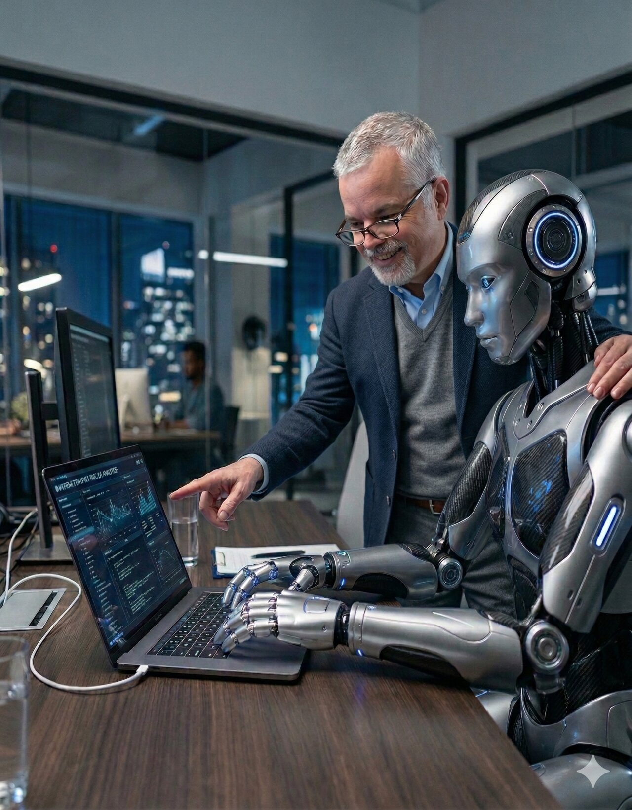 A man in business attire working alongside a humanoid robot at a laptop in a modern office at night
