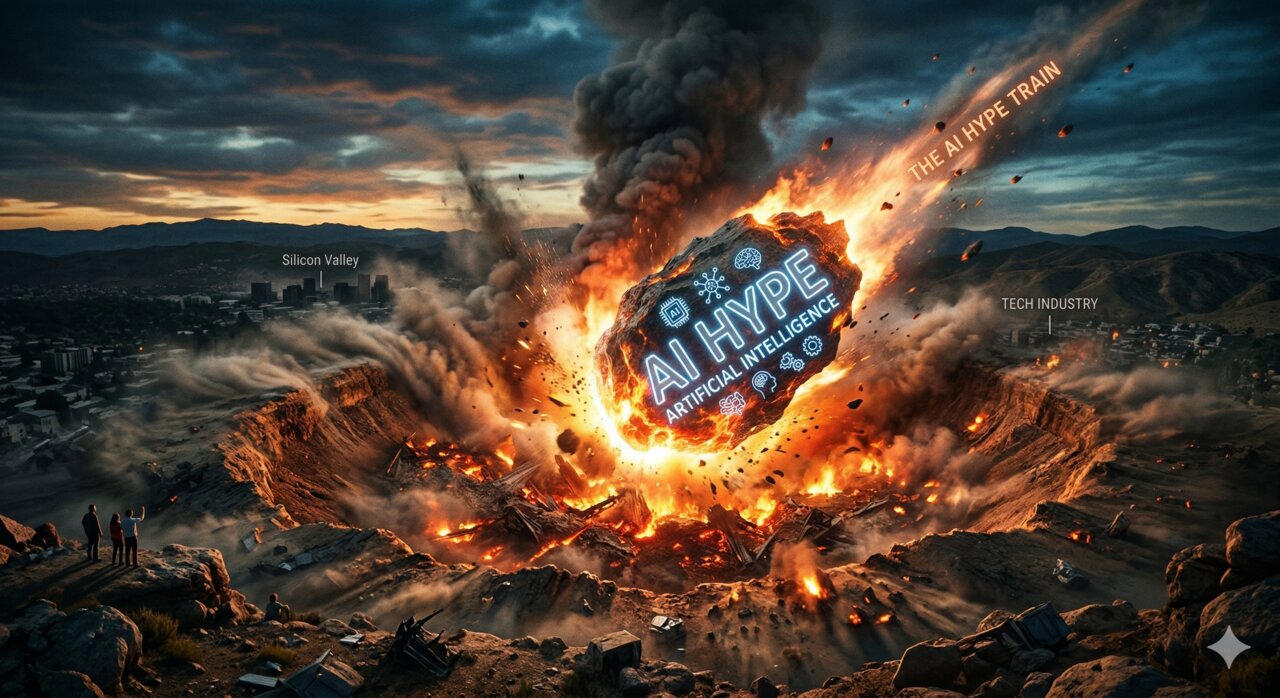 An AI Hype meteor crashing into a barren landscape, creating an explosion and crater