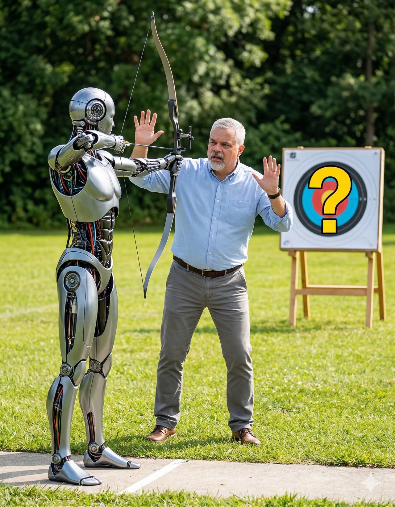 A humanoid robot drawing a bow and arrow while a man stands nearby with hands raised, a question-mark target in the background