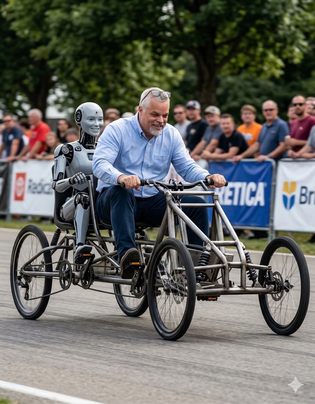 A man and a humanoid robot riding a pedal-powered vehicle together down a racetrack, spectators cheering