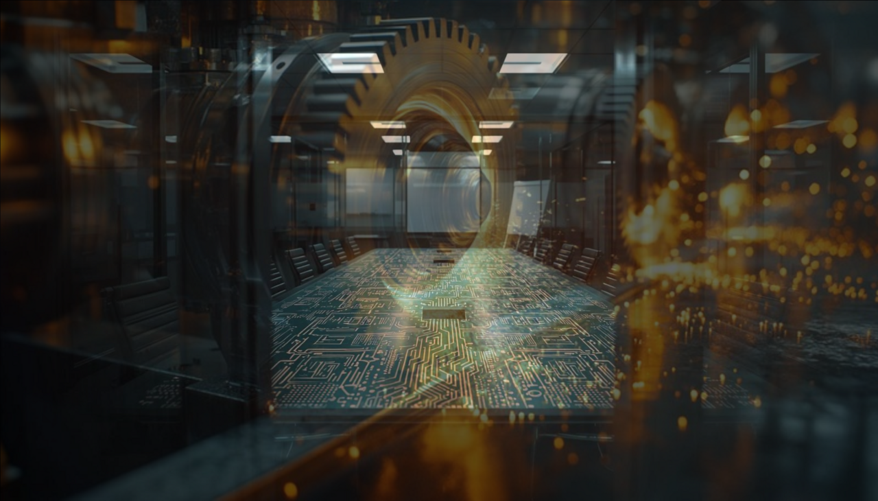 A conference room with a circuit board table surface, golden gears turning overhead, and glowing particles of light