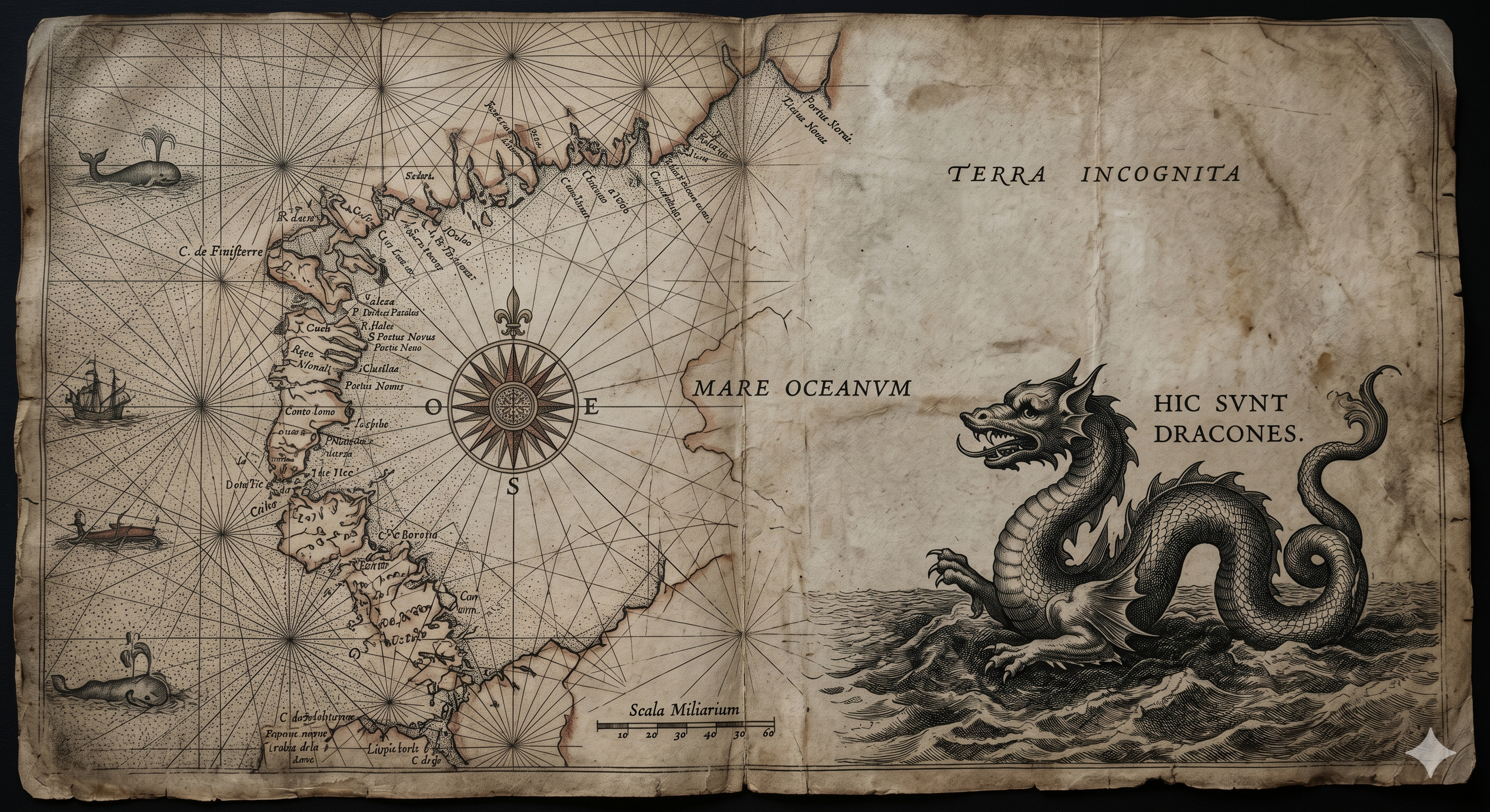 An Age-of-Discovery nautical chart whose charted coastline dissolves into blank, uncharted parchment at its edge, marked with a sea monster and the legend 'here be dragons.'