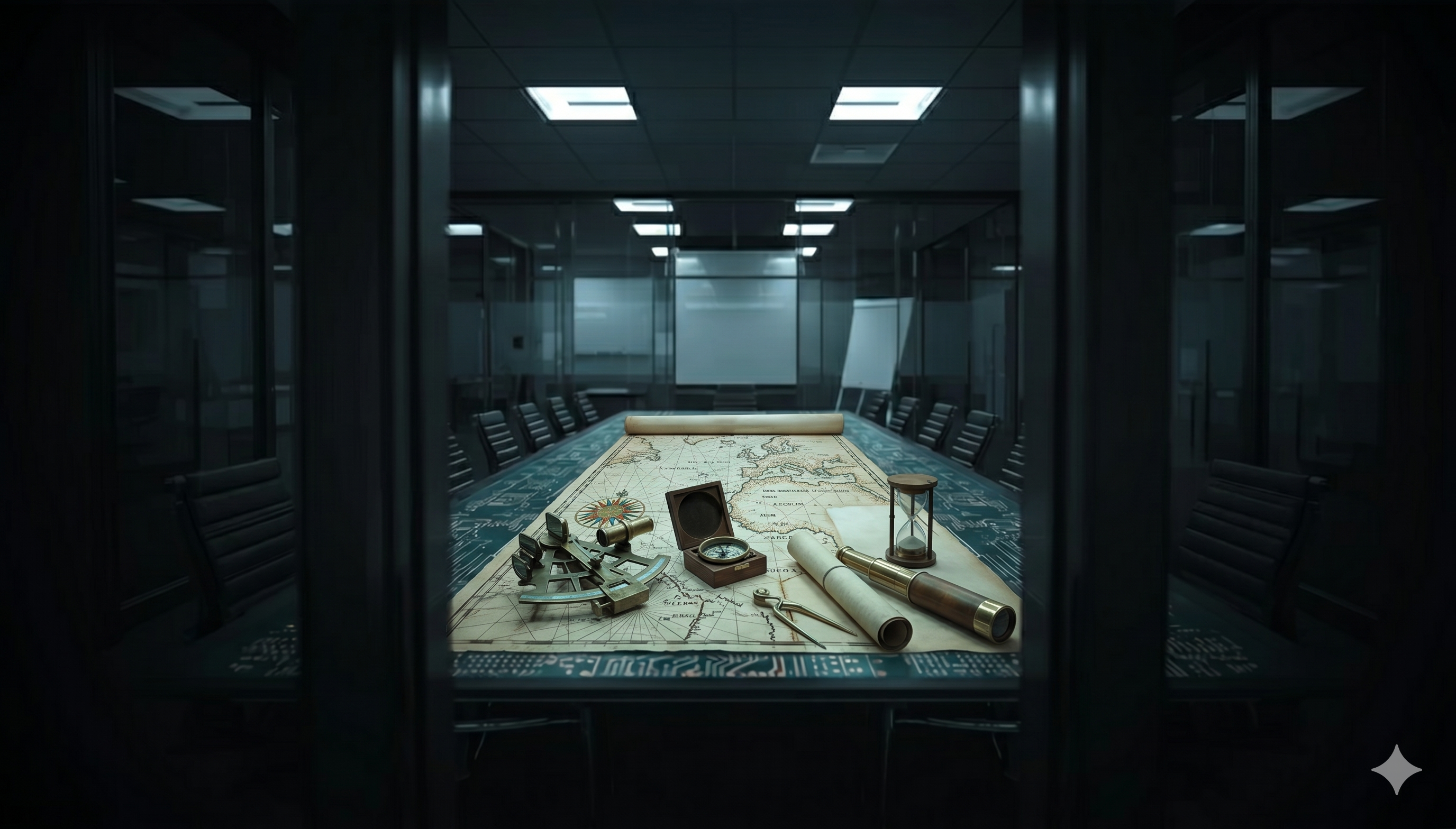 A dim glass-walled boardroom seen through the doors. The long conference table's surface is a glowing circuit board; resting on it, in correct perspective, an unrolled Age-of-Discovery nautical chart with a brass sextant, a mariner's compass, dividers, a spyglass, and an hourglass.