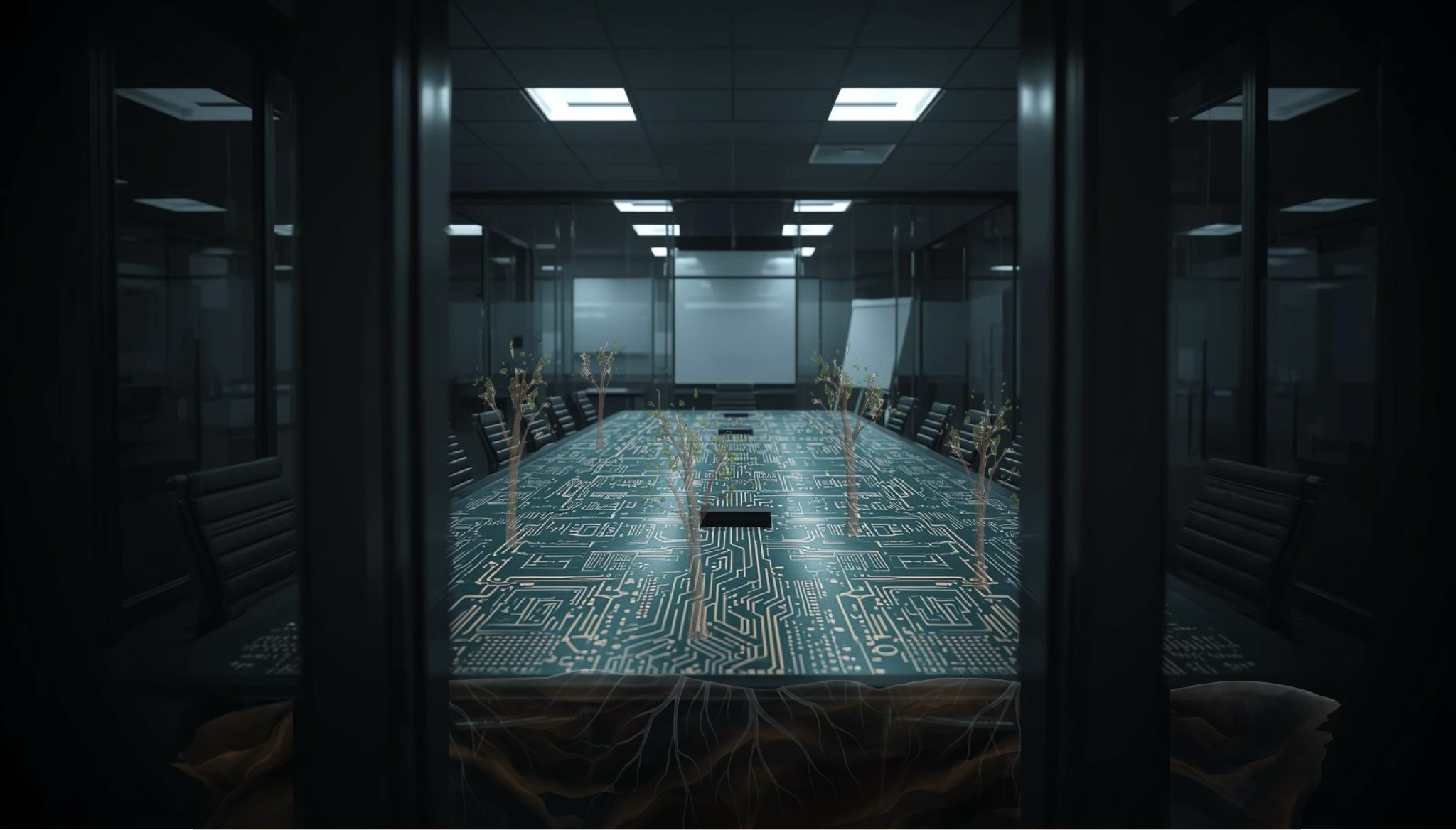 A dim conference room with a circuit-board patterned table. Beneath the table, an organic layer of amber roots is visible. Across the table's surface, small saplings rise upward through the digital pattern.