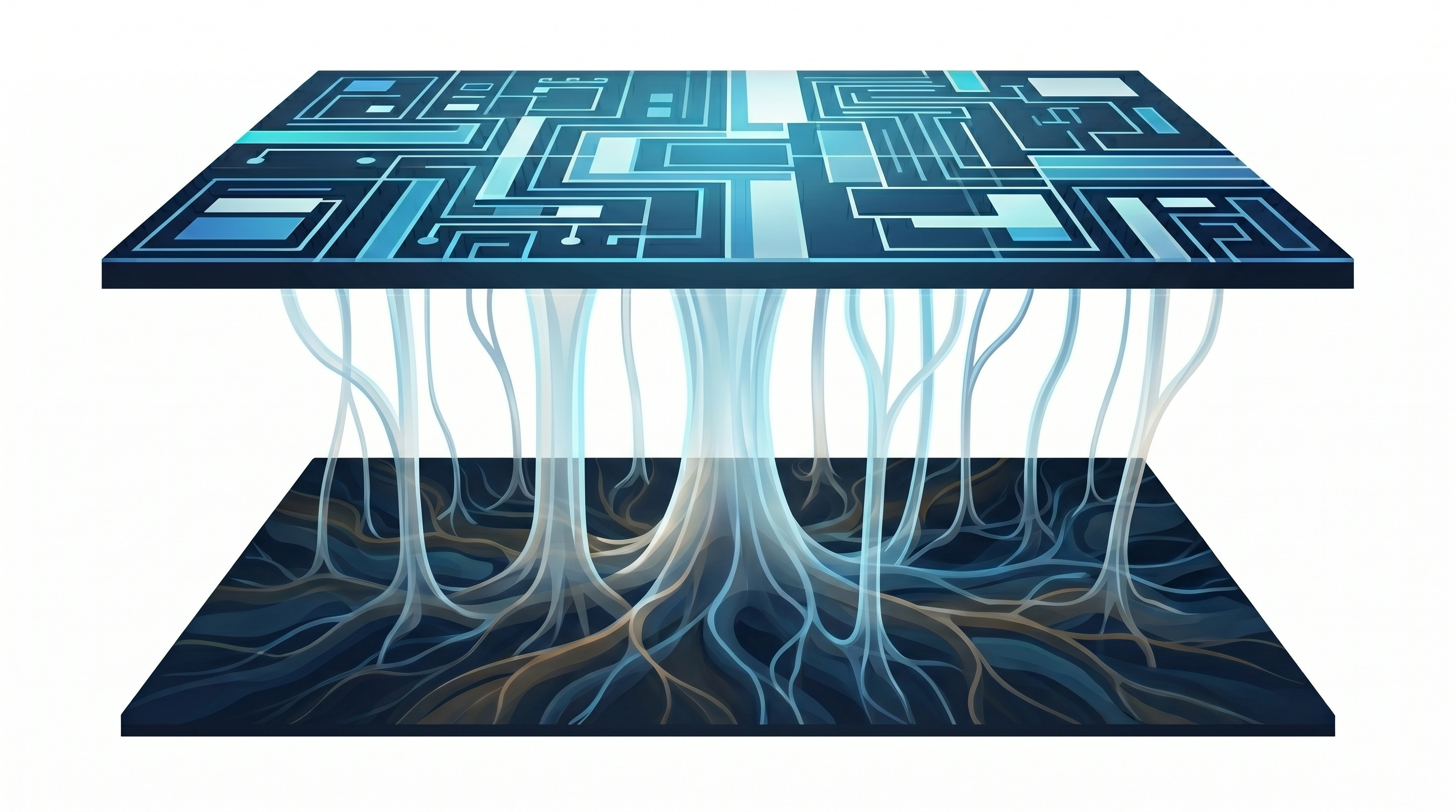 Two horizontal layers connected by translucent organic roots. The lower layer shows amber biological root textures; the upper layer shows cool blue circuit-board patterns.