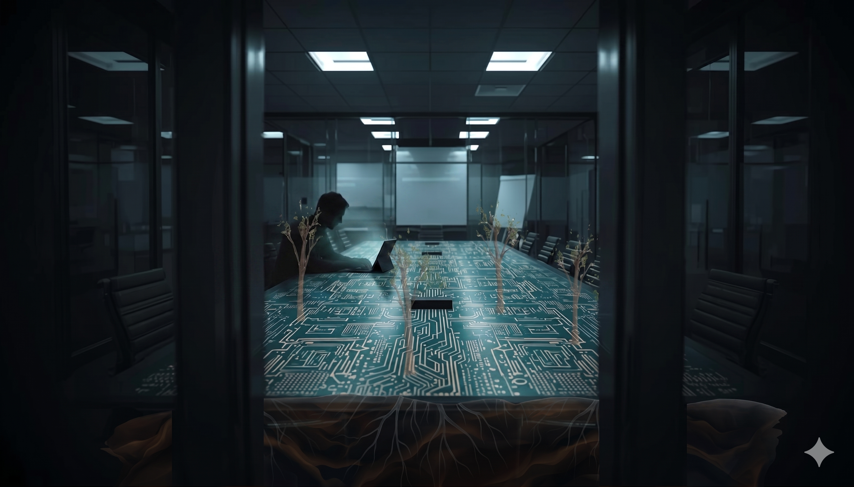 A silhouetted figure works on a glowing laptop at the circuit-board boardroom table. Saplings rise from the table near the figure; an amber substrate is visible beneath.